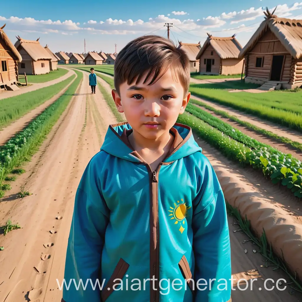 Казахский мальчик стоит в поле а позади него стоит небольшой аул
мультяшный стиль