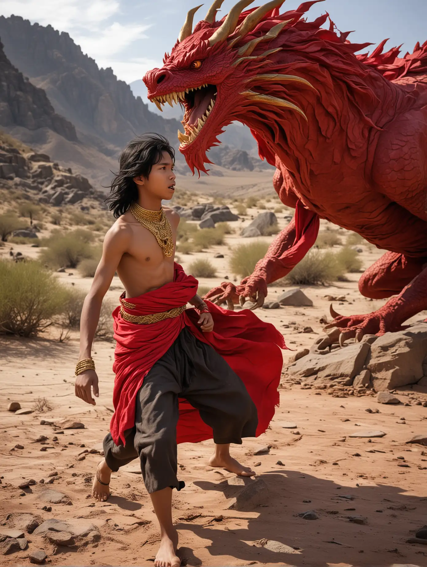 a 15 year old Indonesian boy with a bare chest, long wavy black hair, very black skin color, wearing red cloth and gold jewelry fighting with a giant red colored dragon in a desert rock field at the foot of the mountain