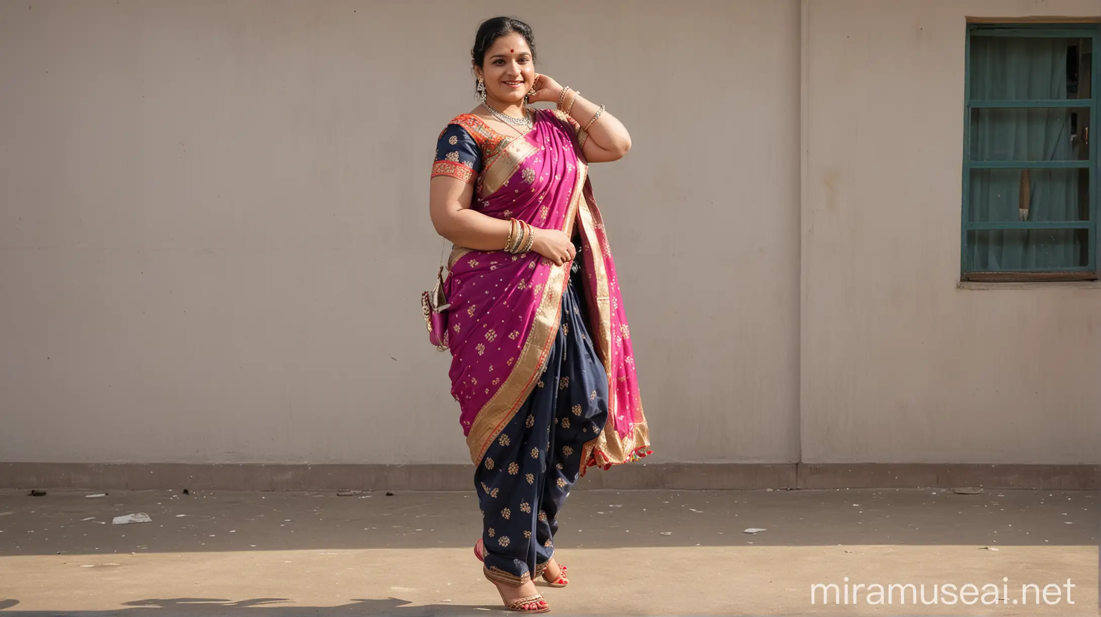 indian mature fat woman wearing a cheap saree and blouse and a vanity bag on shoulder , some bangle in hands , anklet on feet and high heels on legs  earrings on ear smiling standing near a upper primary school
