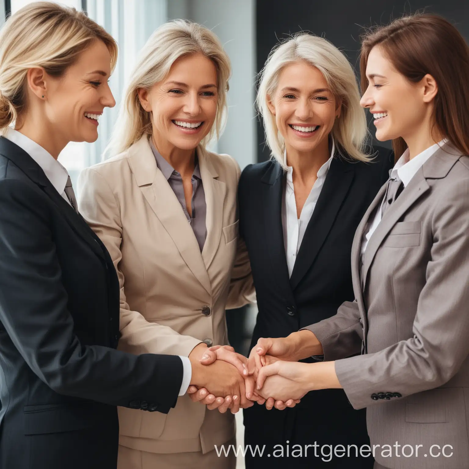 Три бизнес леди разных возрастов принимают поздравления от мужчины владельца компании