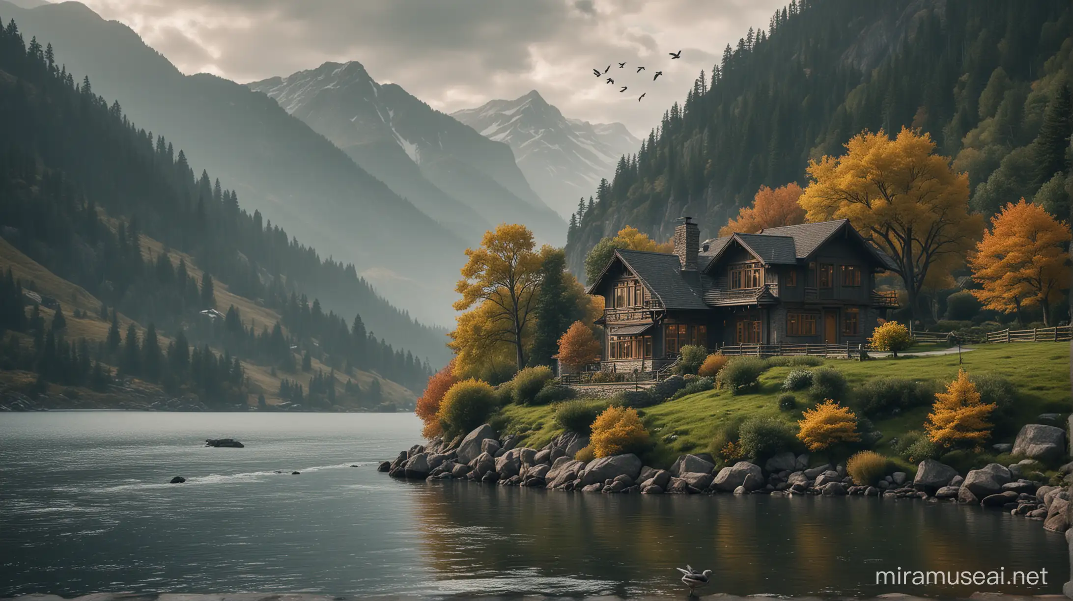 Tranquil Mountain Landscape with Reflective Waters and Charming House