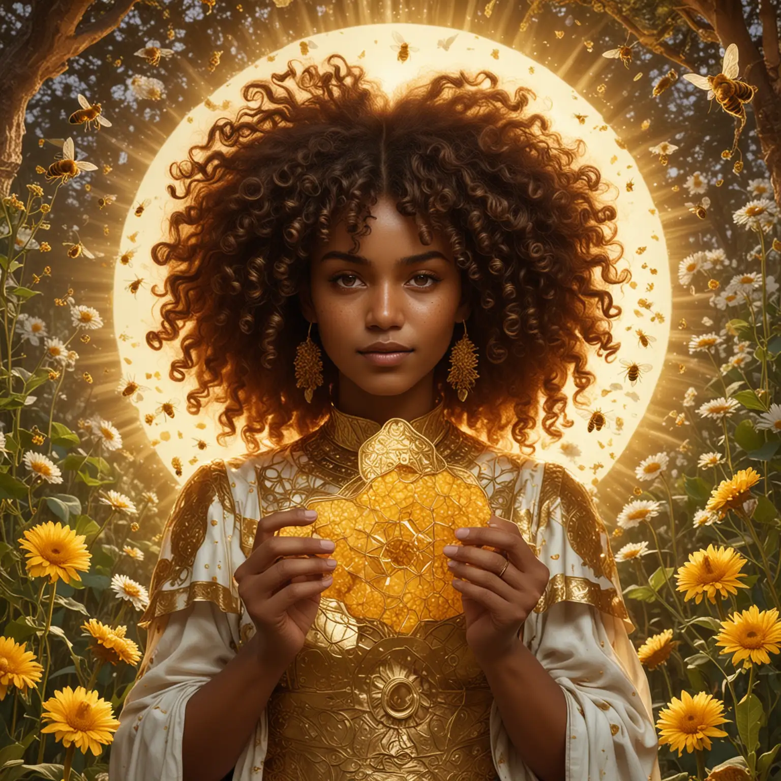 Create a tarot card that represents the sun card, with an Afro-Indigenous woman standing in a beam of sunlight, eating a piece of honeycom, with her hands. She has naturally curly hair and is dressed in gold and white with a enchanted garden full of honeybees