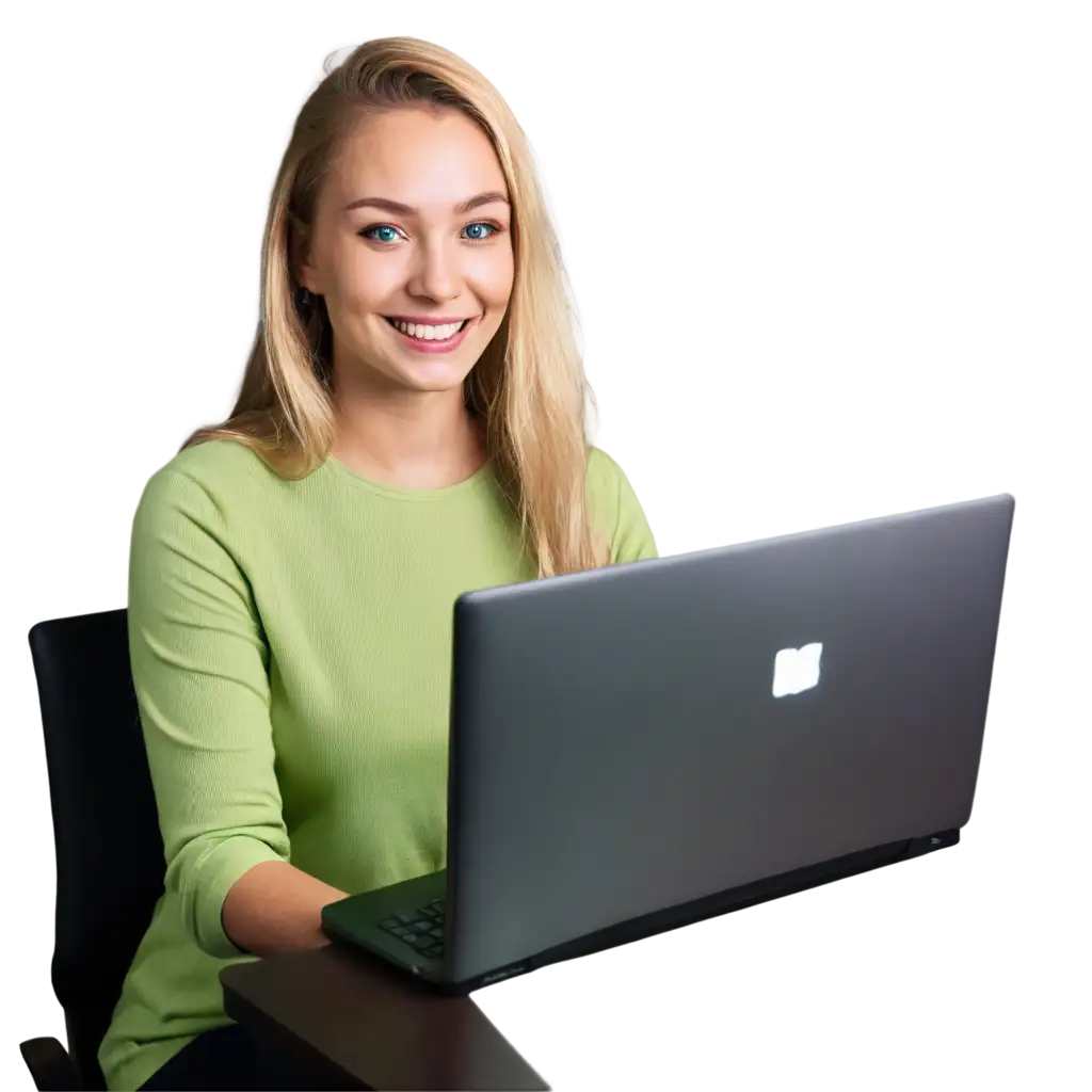 Young-Blonde-Woman-with-Green-Eyes-Smiling-Working-on-Computer-PNG-Super-Realistic-High-Quality-Photo