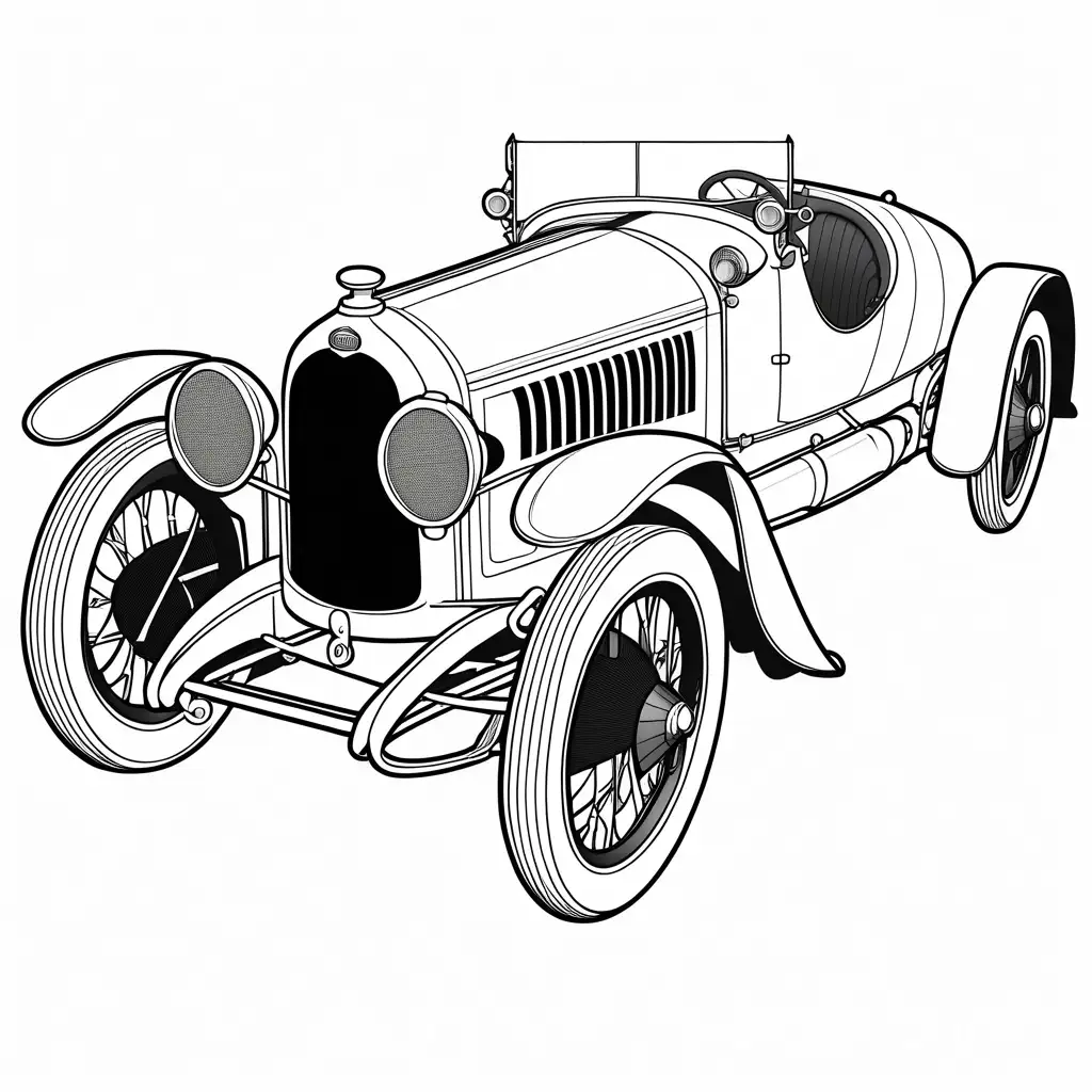 Bugatti Type 13 Brescia Sport-Racing, 1922, Coloring Page, black and white, line art, white background, Simplicity, Ample White Space. The background of the coloring page is plain white to make it easy for young children to color within the lines. The outlines of all the subjects are easy to distinguish, making it simple for kids to color without too much difficulty