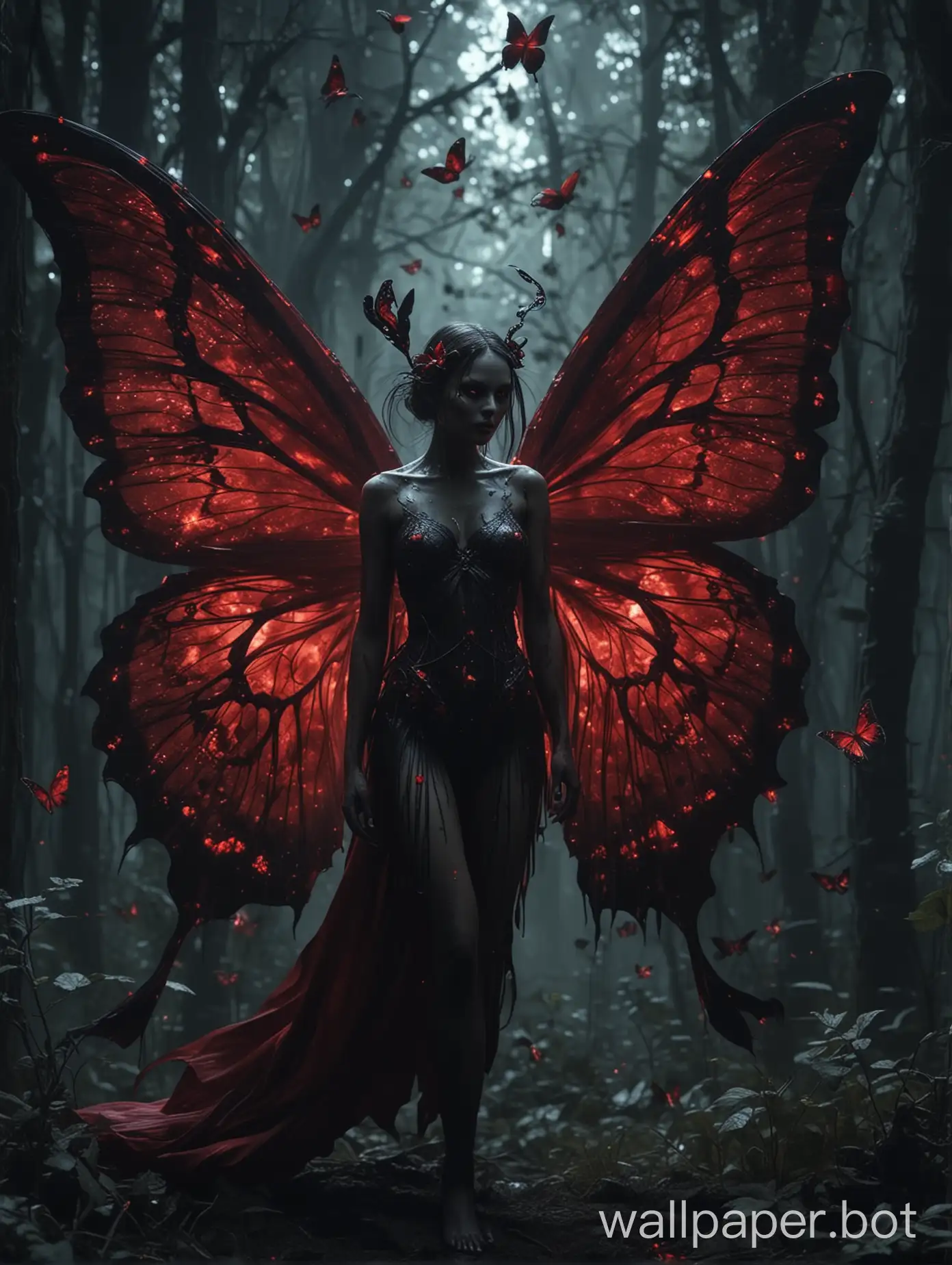 A surreal scene featuring a (((fantastical creature))) combining the elements of a butterfly and a fairy with the essence of a (((demonic figure))), colors of the natural world and the darkness of the supernatural red and black super pretty 4k.