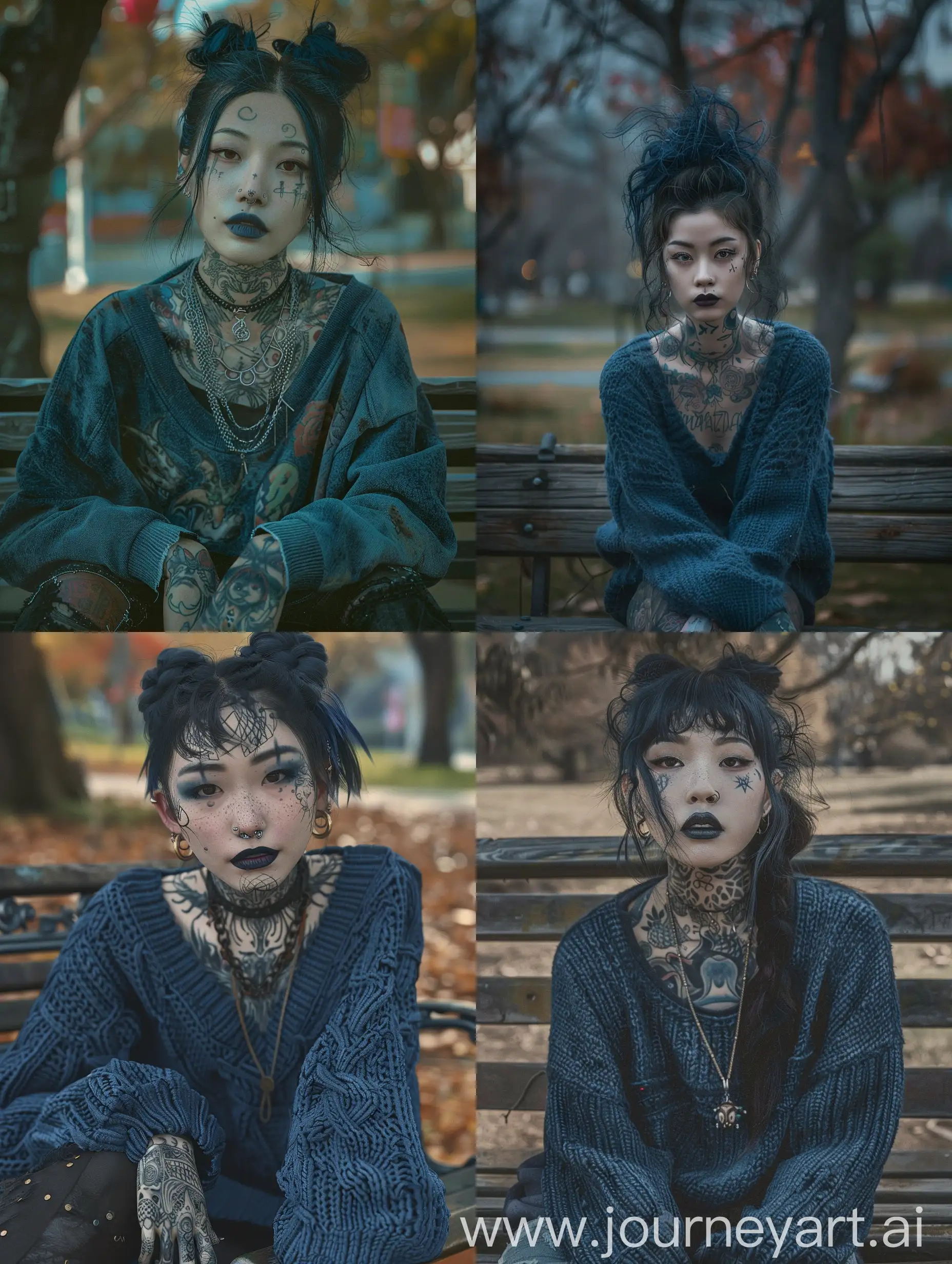 korean woman, punk, heavily tattooed, tattooed monobrow, homemade crooked tattoos, blurry faded tattoos, dark gray tattooed lips, punk goth, wearing dirty blue sweater, disheveled unkempt hair, sitting on park bench, tired smile, looking at viewer, photo photorealistic 