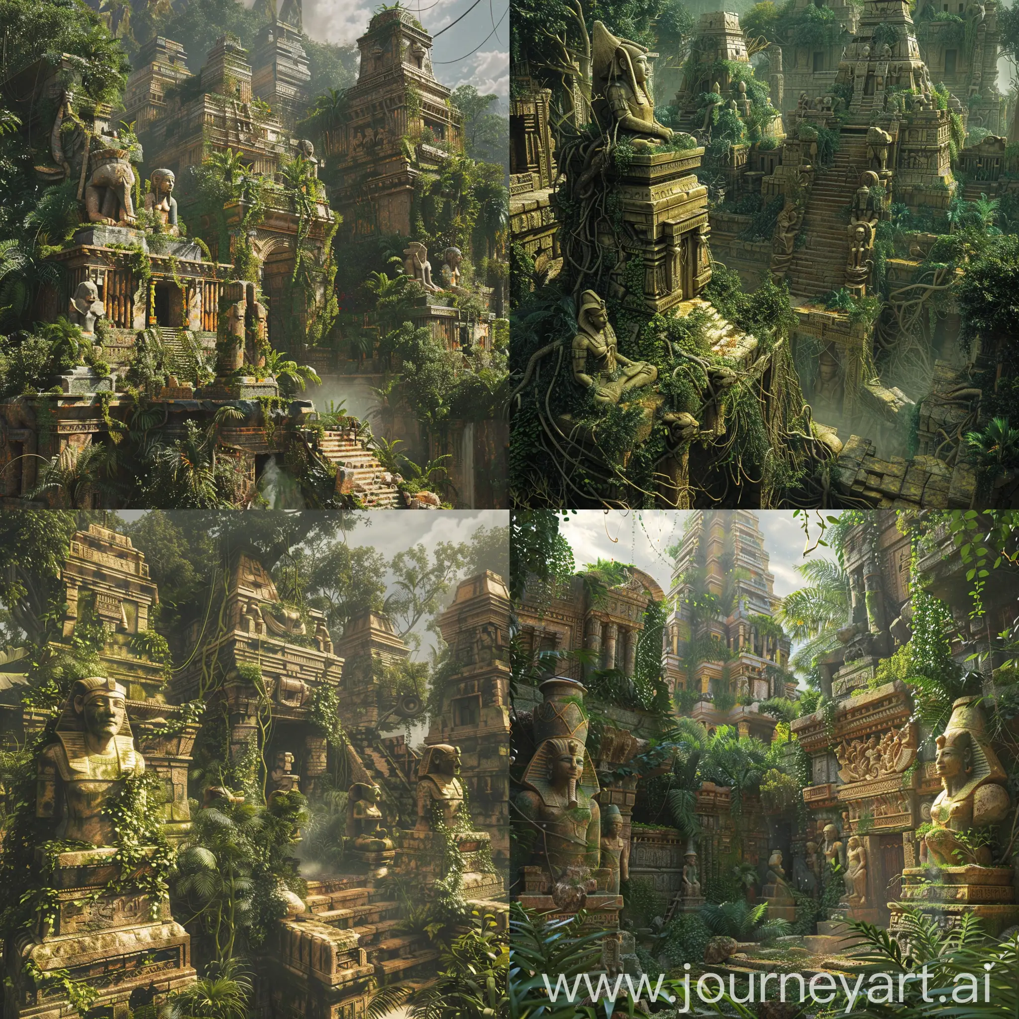 photo-realistic,a lost city of gold in the jungle is overgrown with vines and vegetation,it is made of statues and pyramids and jungle architecture of detailed and fantastic ruins and buildings