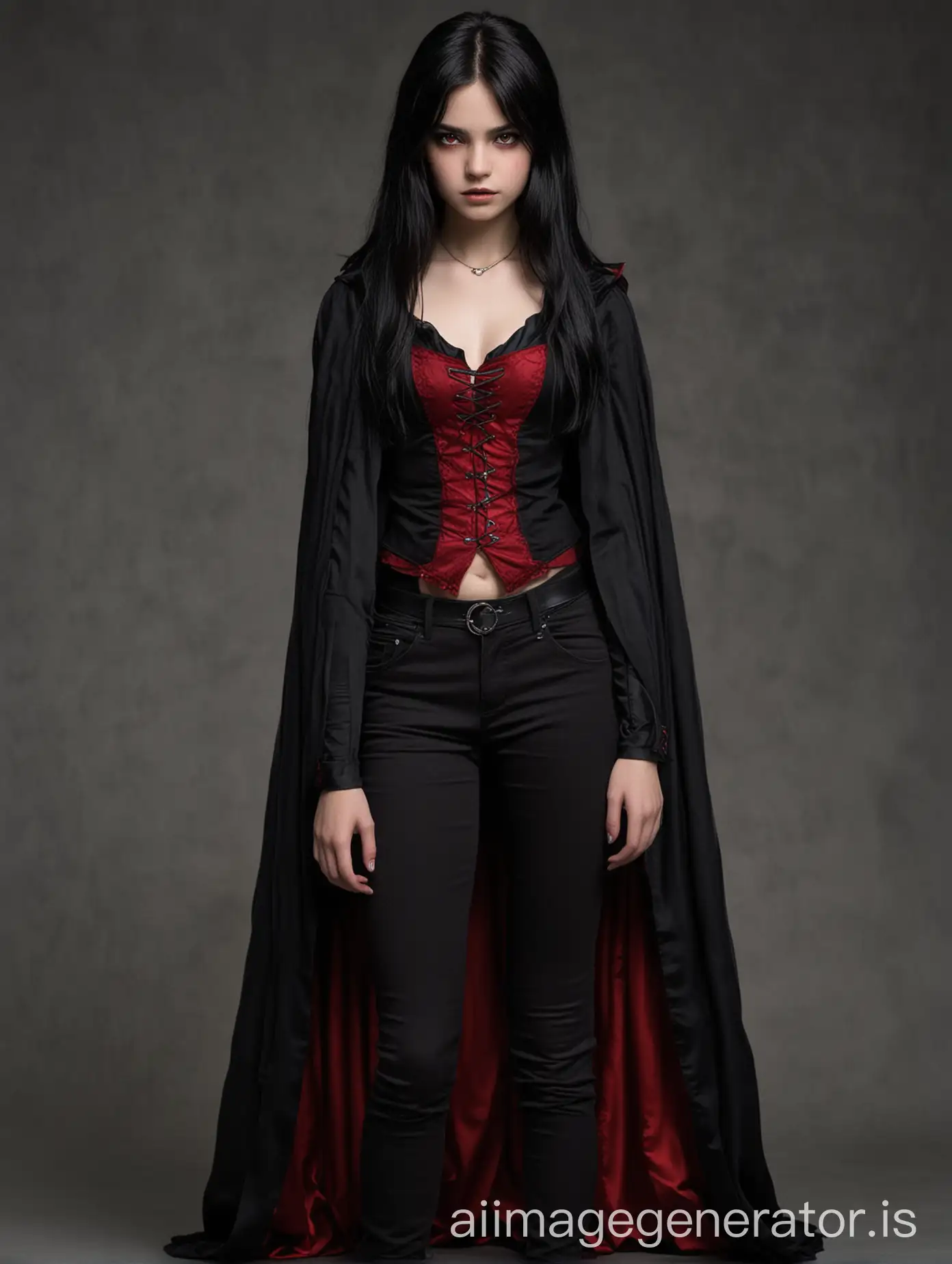 15 year old black haired vampire girl with red eyes wearing a black top, long cape that's red on the inside and black on the outside and black pants