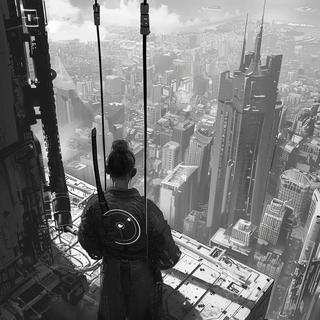 Cyberpunk-Samurai-with-Sword-on-Rooftop-Overlooking-Cityscape
