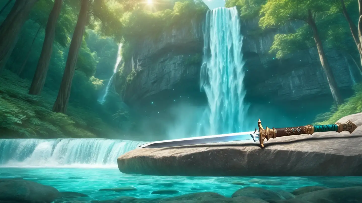 magical sword laying on a rock in front of a magical waterfall. Surrounded by turquoise trees in a forest