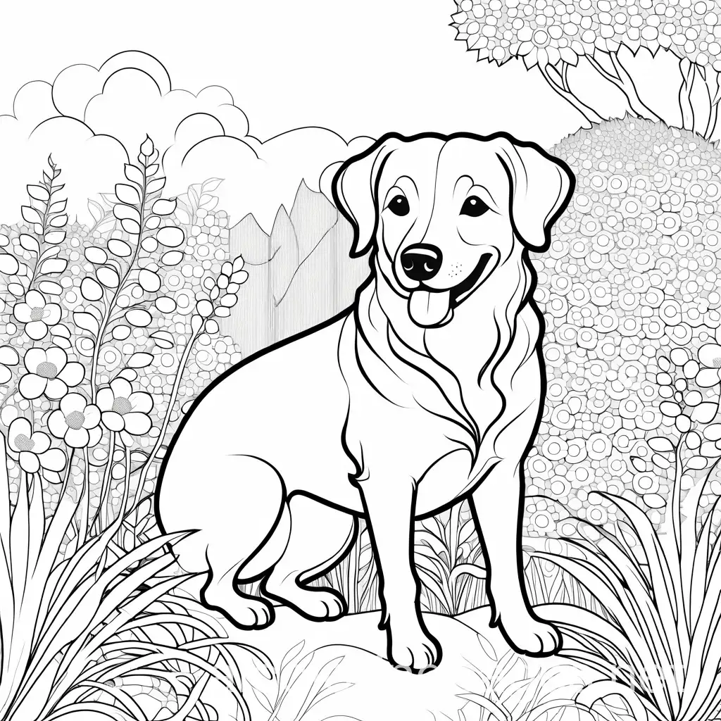 happy dog in a garden, Coloring Page, black and white, line art, white background, Simplicity, Ample White Space