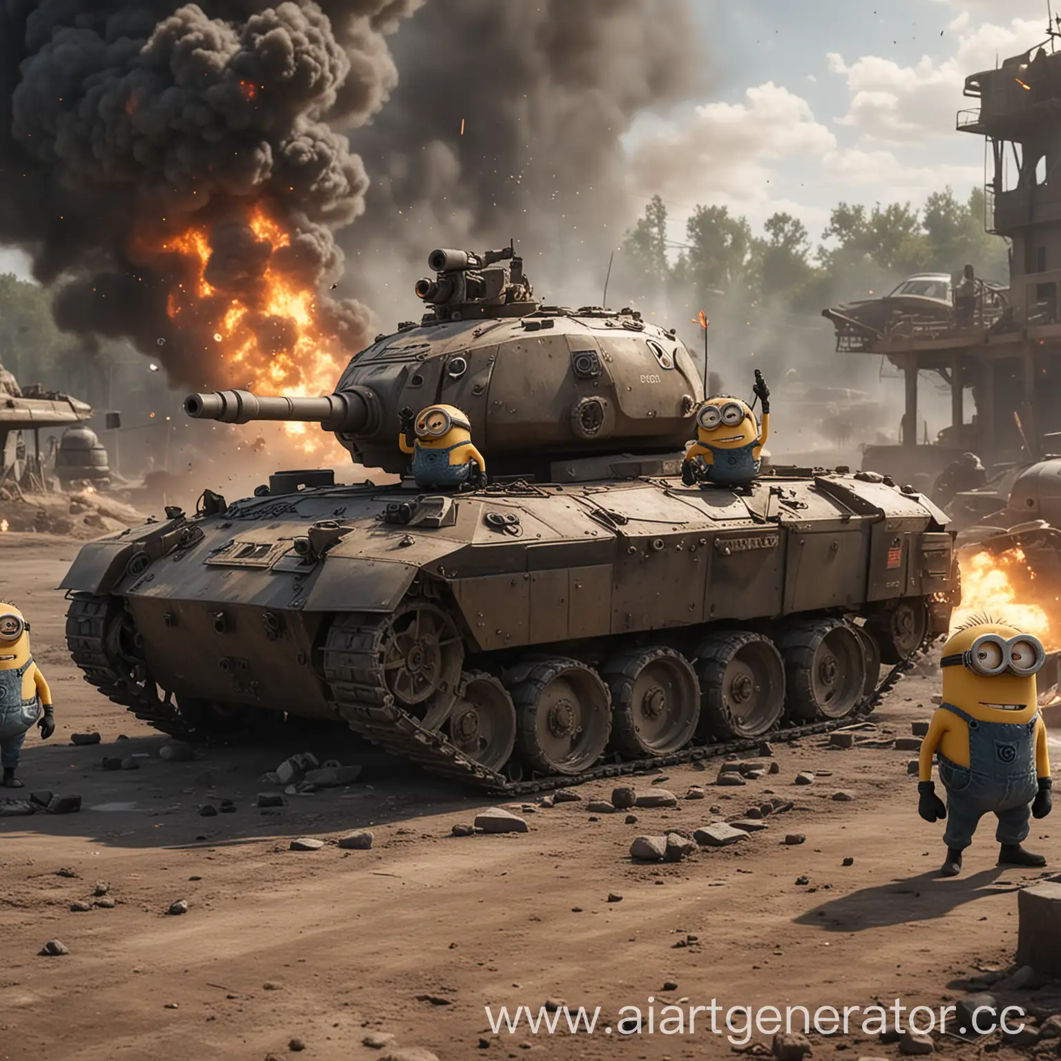 Minions-in-Bulletproof-Vests-by-a-Tank-Amid-Explosions