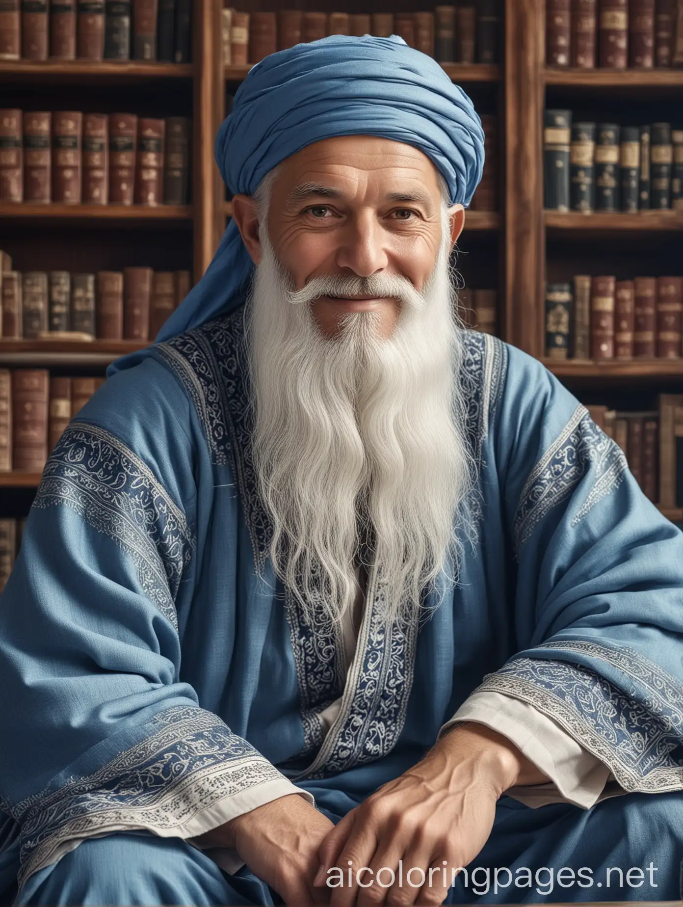 A wise middle-aged man from the Islamic era, with white skin and a long thick white beard, staring at the lens, smiling lightly, sitting in an old library, wearing beautiful blue clothes, very realistic, 4K, vintage, so that the whole body is visible.  , Coloring Page, black and white, line art, white background, Simplicity, Ample White Space.