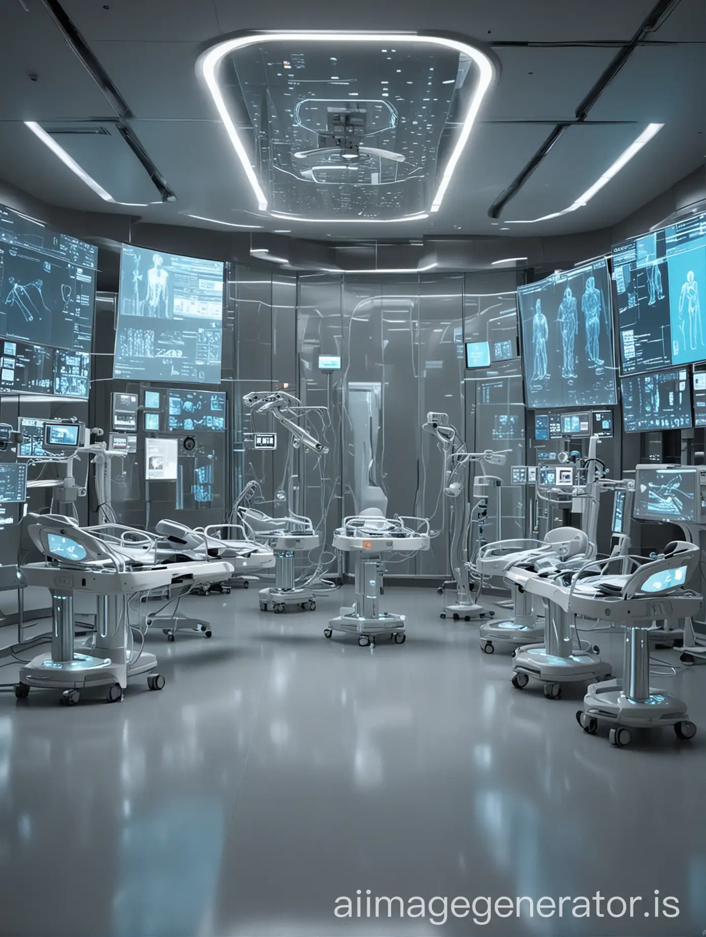 "An advanced medical facility of the future featuring sleek, transparent, and luminous medical equipment integrated into a futuristic architectural design. The space is filled with holographic displays showcasing biomedical data and virtual simulations of medical procedures. A team of robotic assistants work alongside human medical professionals, demonstrating the seamless integration of technology and healthcare."