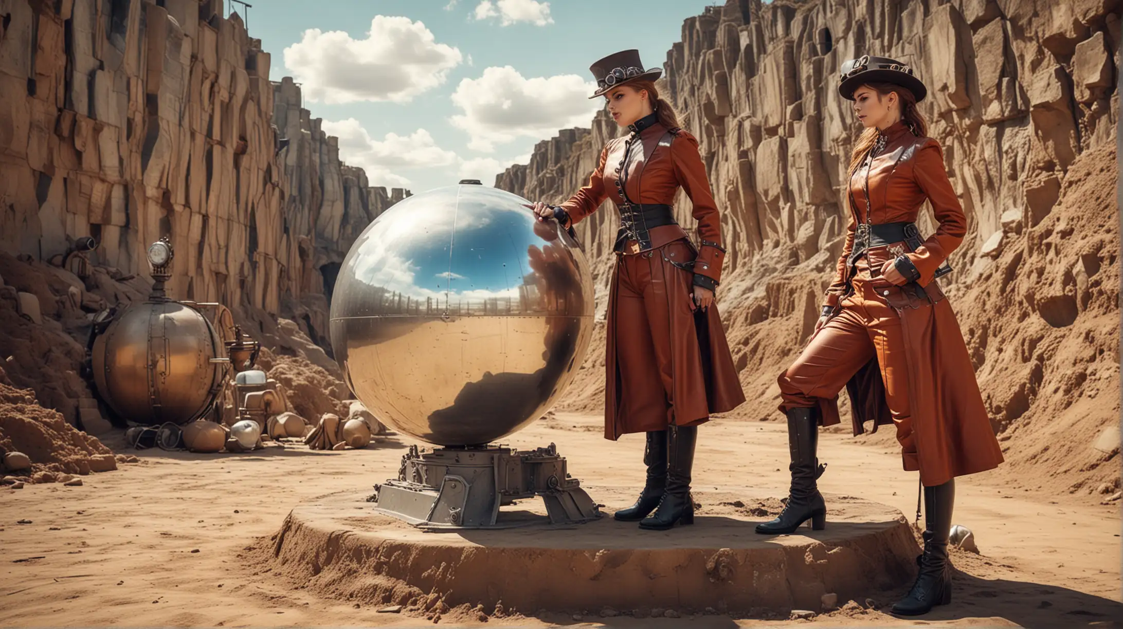 two steampunk women in leather colorful steampunk uniforms look at a perfect silver sphere of two meters diameter placed in a small excavation, sunny