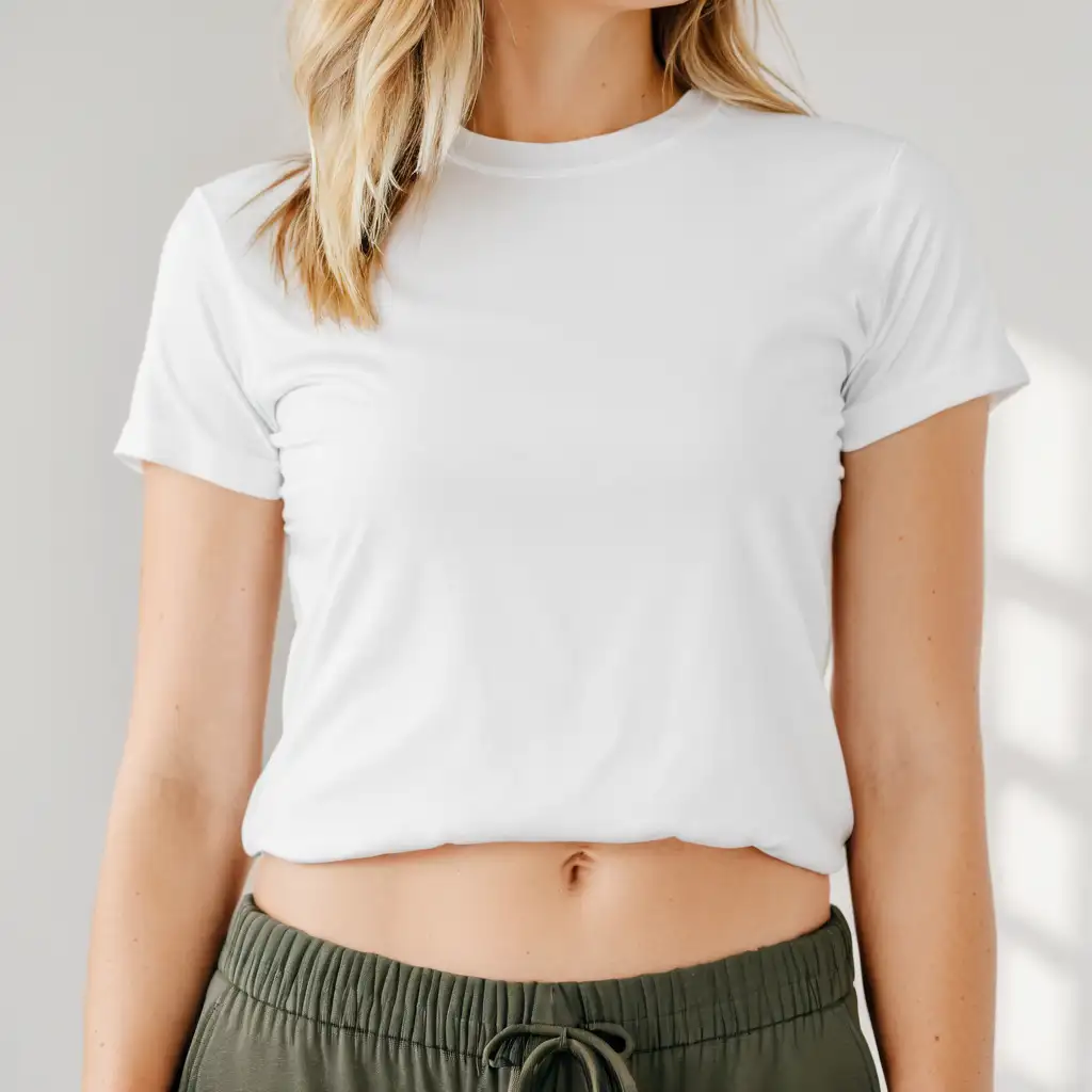 Blonde woman wearing white baby tee t-shirt mockup, also wearing jogger pants, simple white wall background, aesthetic