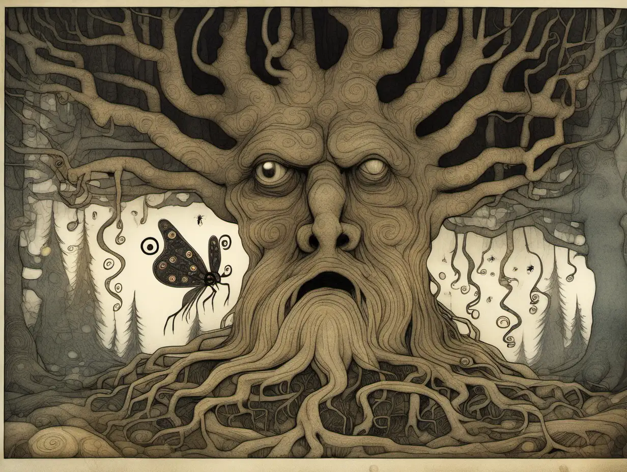 in the style of a john bauer, a magical monster Norweigian pine tree with wide spread roots talking to a small insect