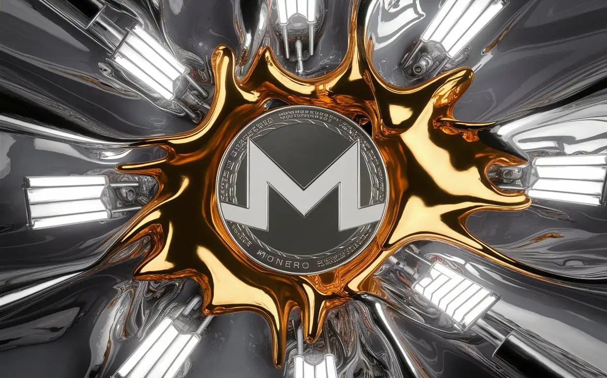 An abstract background of melting liquid with a metallic sheen, gold and grey colors, reflective studio light, Monero logo.
