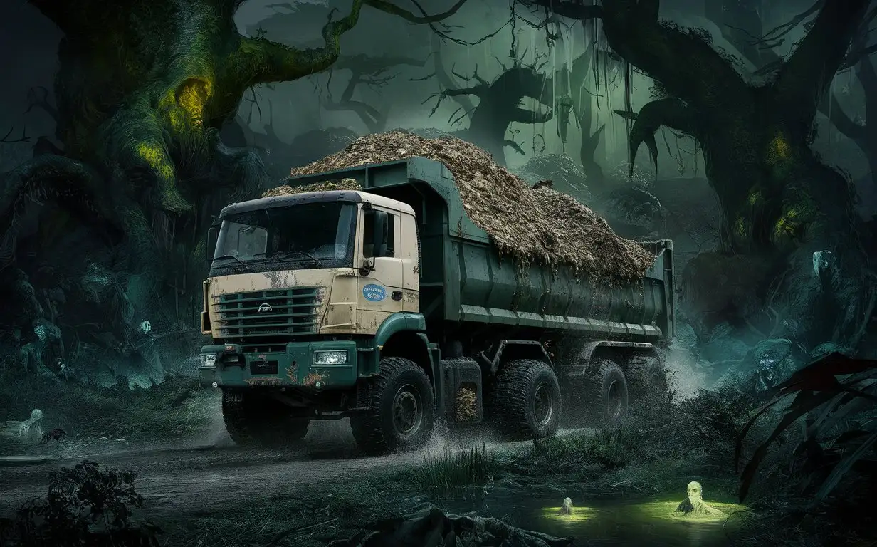 Едет машина ЗИЛ (грузовик) Доверху набитый говном , едет через страшный лес , с огромными злыми деревьями зеленой жижой место воды призраками и т.д. , 