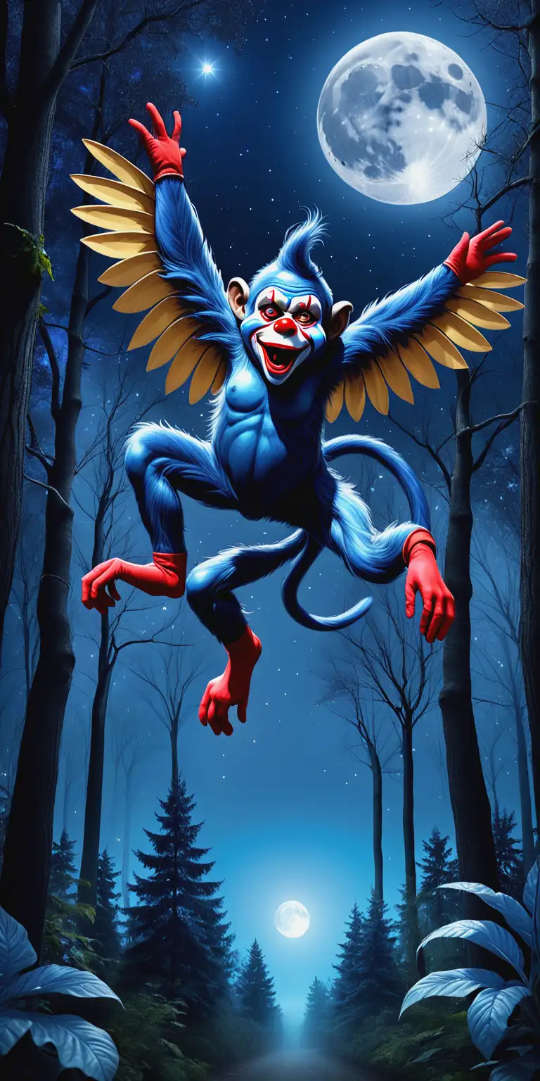 Blue Night Forest Flying Monkey Chasing Clown under a Blue Moon