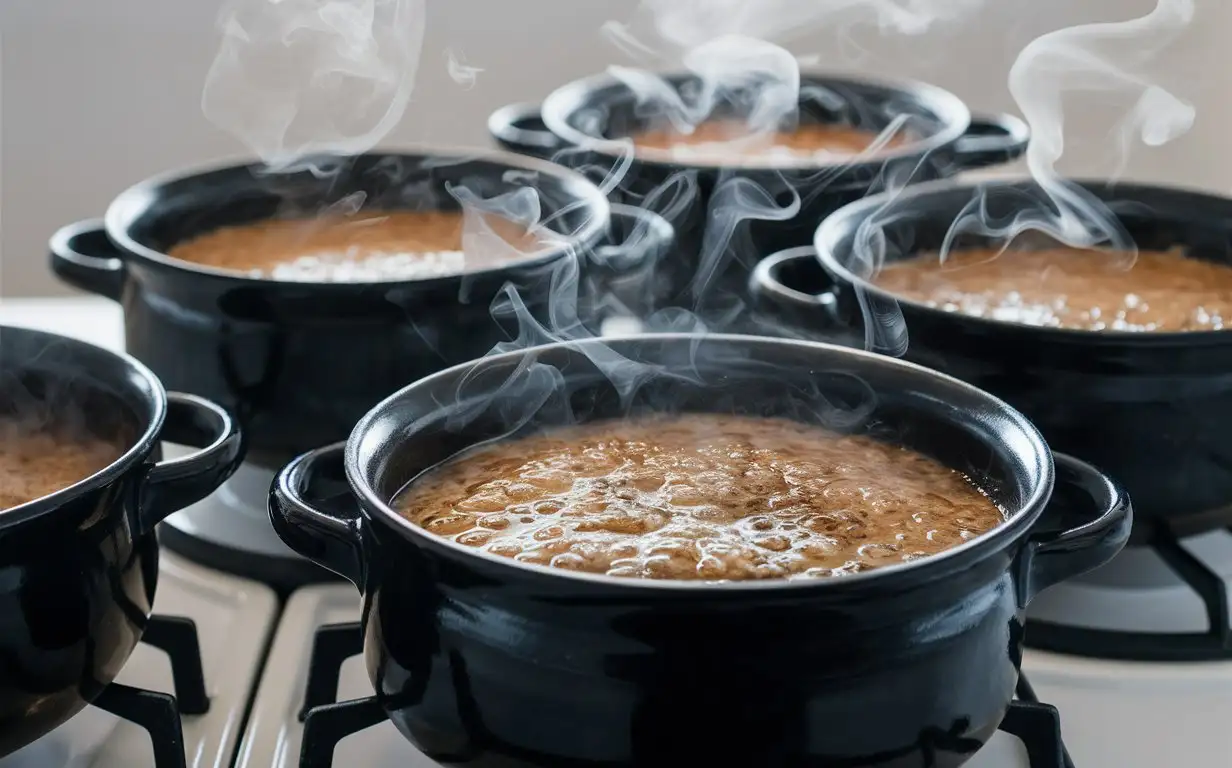 Food photos, black POTS, boiling porridge