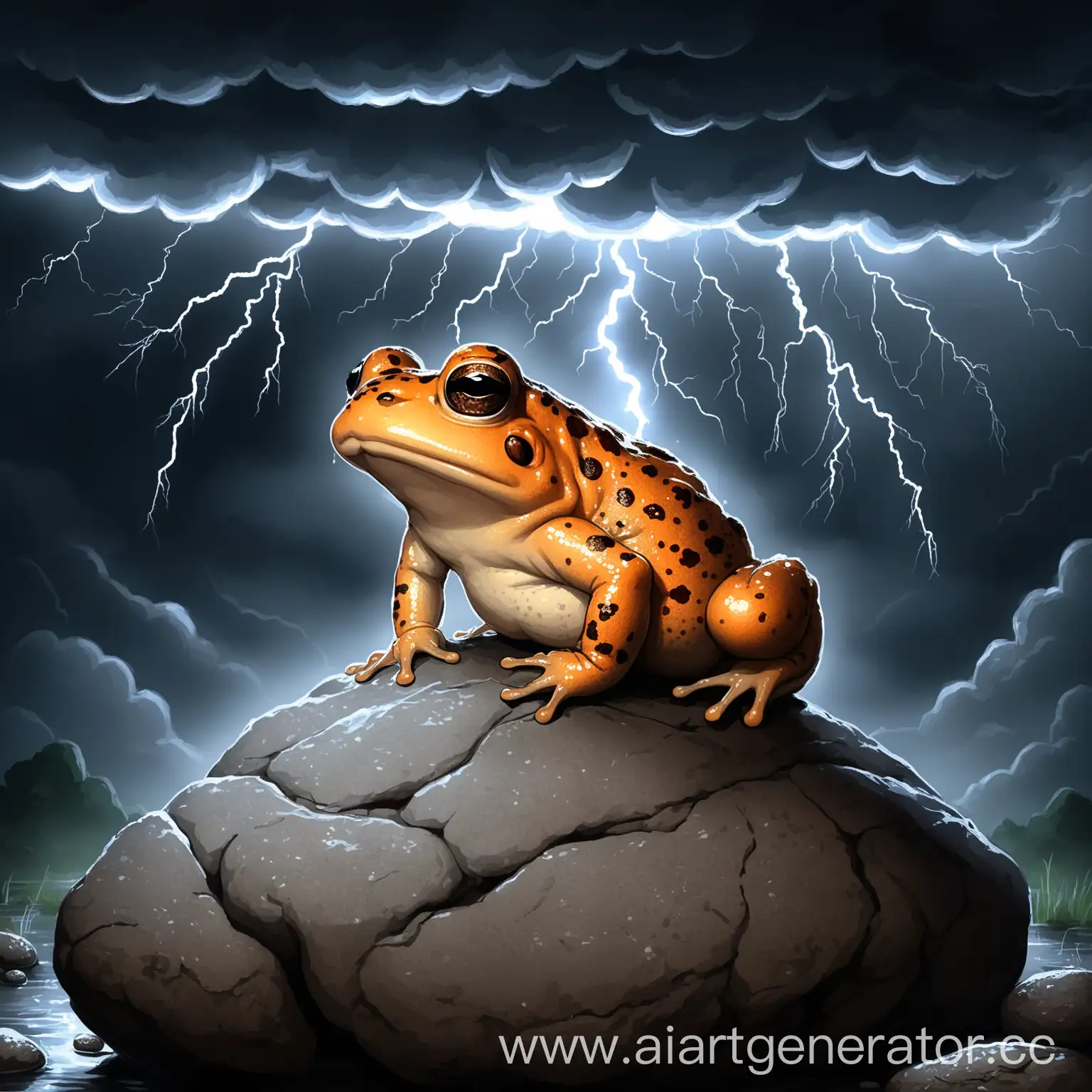 drawing of a small toad, a toad sitting on a stone, against the background of a thunderstorm, the toad has light makeup