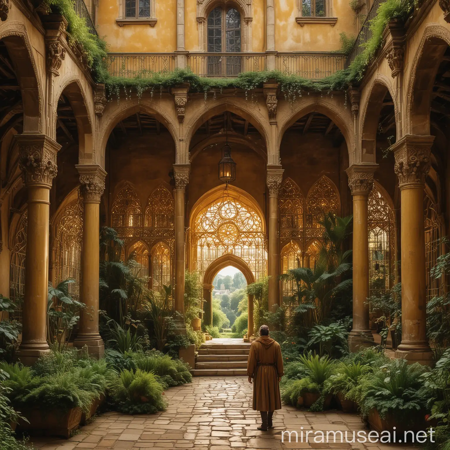 a medieveal man watching a vast structure with golden walls and crystal inlays, surrounded by lush gardens and courtyards full of life.