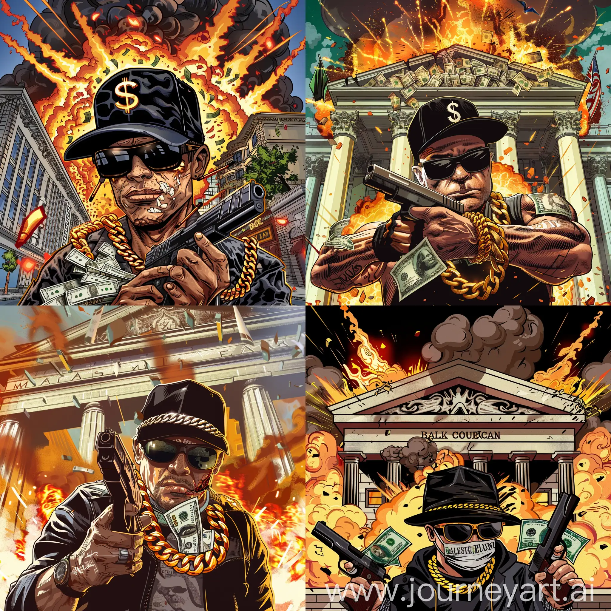 a gangster with a gun in his hands and money in a black cap behind a bank explosion and wearing sunglasses and a gold chain around his neck with a dollar