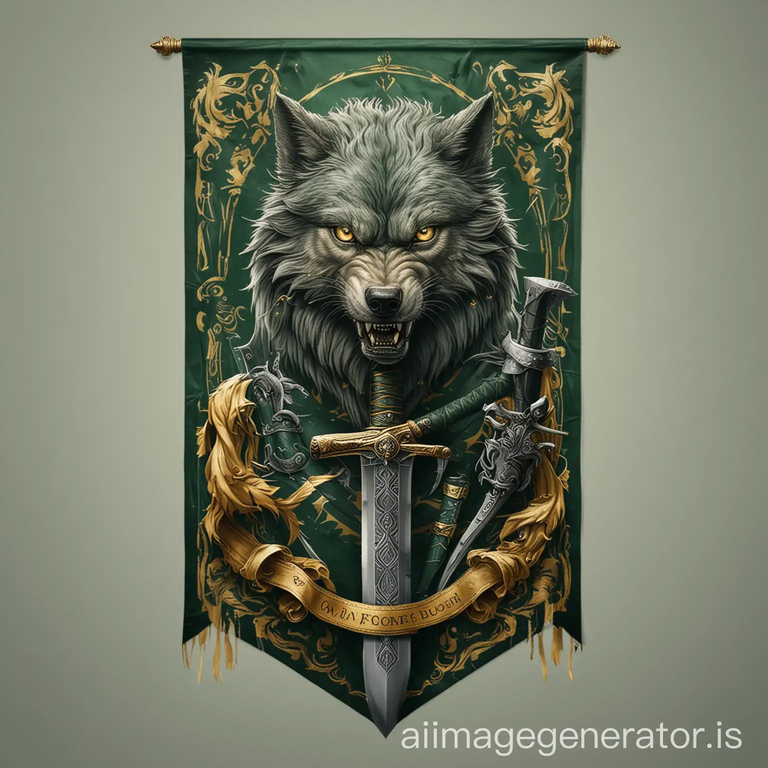 Angry-Wolf-with-Sword-on-Banner-in-Green-and-Gold