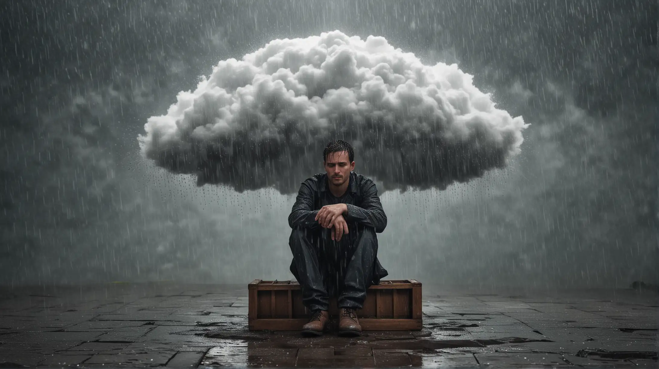 a man sits under a cloud, it is raining heavily on him, he is soaked from the rain drops
