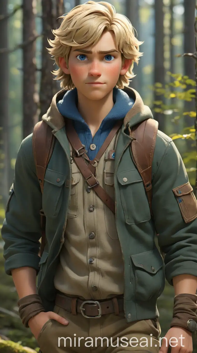 Introducing the teenage Kristoff Bjorgman, a rugged yet stylish adventurer of the modern era! With tousled blonde hair and a rugged jawline, he exudes an air of rugged charm and outdoor prowess. His piercing blue eyes reflect the vast expanse of the wilderness, hinting at the untamed spirit that lies within. Dressed in an ensemble that seamlessly blends icepunk edginess, outdoor explorer functionality, athleisure comfort, and Scandinavian minimalism, Kristoff embodies the epitome of rugged elegance and mountain boy vibes. He wears a weather-resistant jacket in earthy brown, accented with forest green and royal blue panels, designed to withstand the harshest of climates. Beneath the jacket, a cozy fleece-lined hoodie in burgundy adds a pop of color and warmth, while durable cargo pants in a deep forest green offer both style and functionality for his outdoor adventures. His footwear consists of sturdy hiking boots in shades of brown and black, perfect for traversing rugged terrain with ease. Accessorized with practical yet stylish accessories such as a knit beanie in a rich royal blue and a weathered leather belt with silver buckles, Kristoff's look is equal parts rugged and refined. His color palette of forest green, earthy brown, and royal blue exudes a sense of outdoor adventure and natural beauty, while occasional accents of icy blue add a touch of cool sophistication. With a confident stride and a mischievous glint in his eye, Kristoff navigates the wild landscapes of his homeland with ease, embodying the spirit of a true mountain boy. Whether scaling towering peaks or exploring hidden valleys, he is always prepared for whatever challenges lie ahead, armed with a sense of adventure and a heart full of determination. 