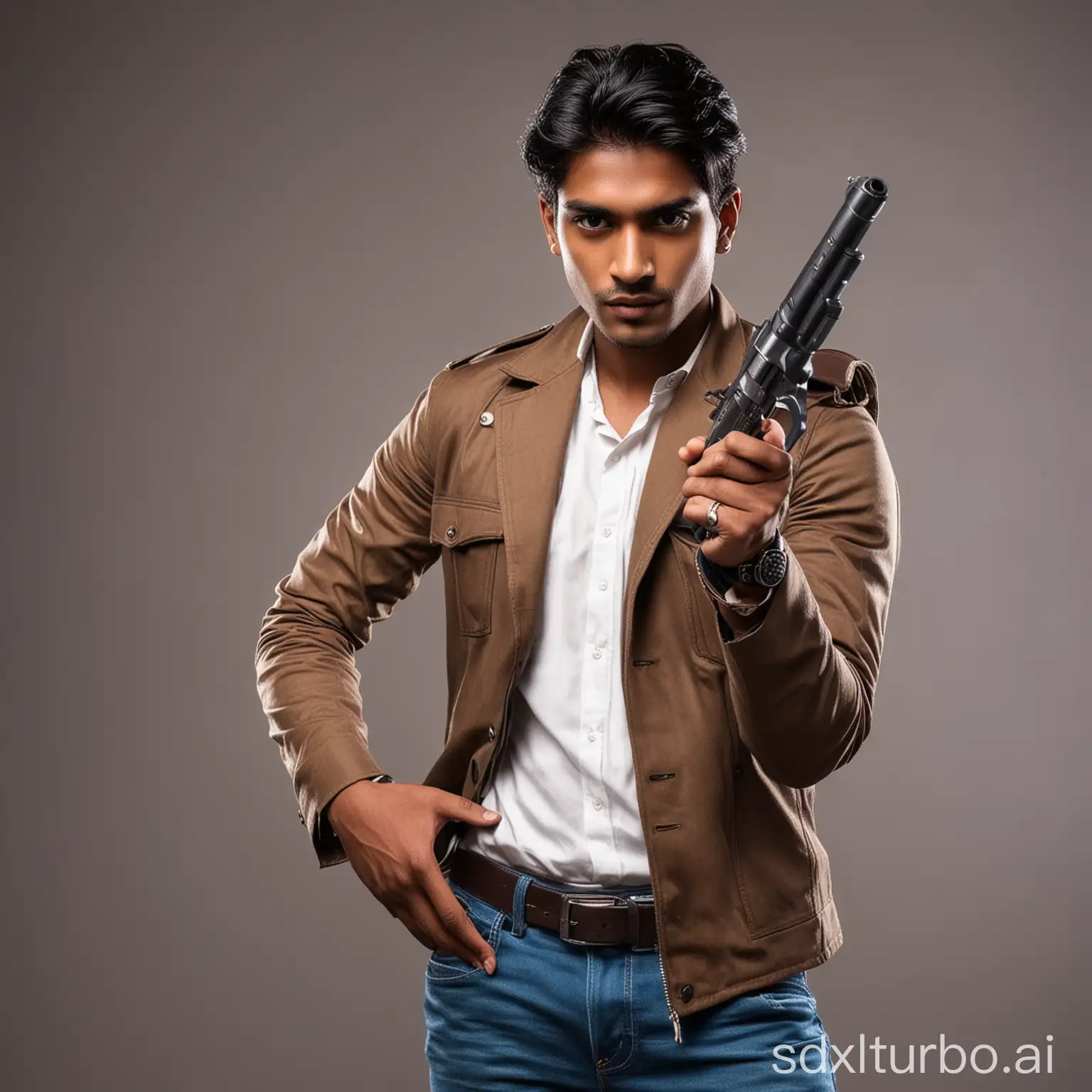 a young Indian handsome stylish man holding a gun, stylish, looking handsome