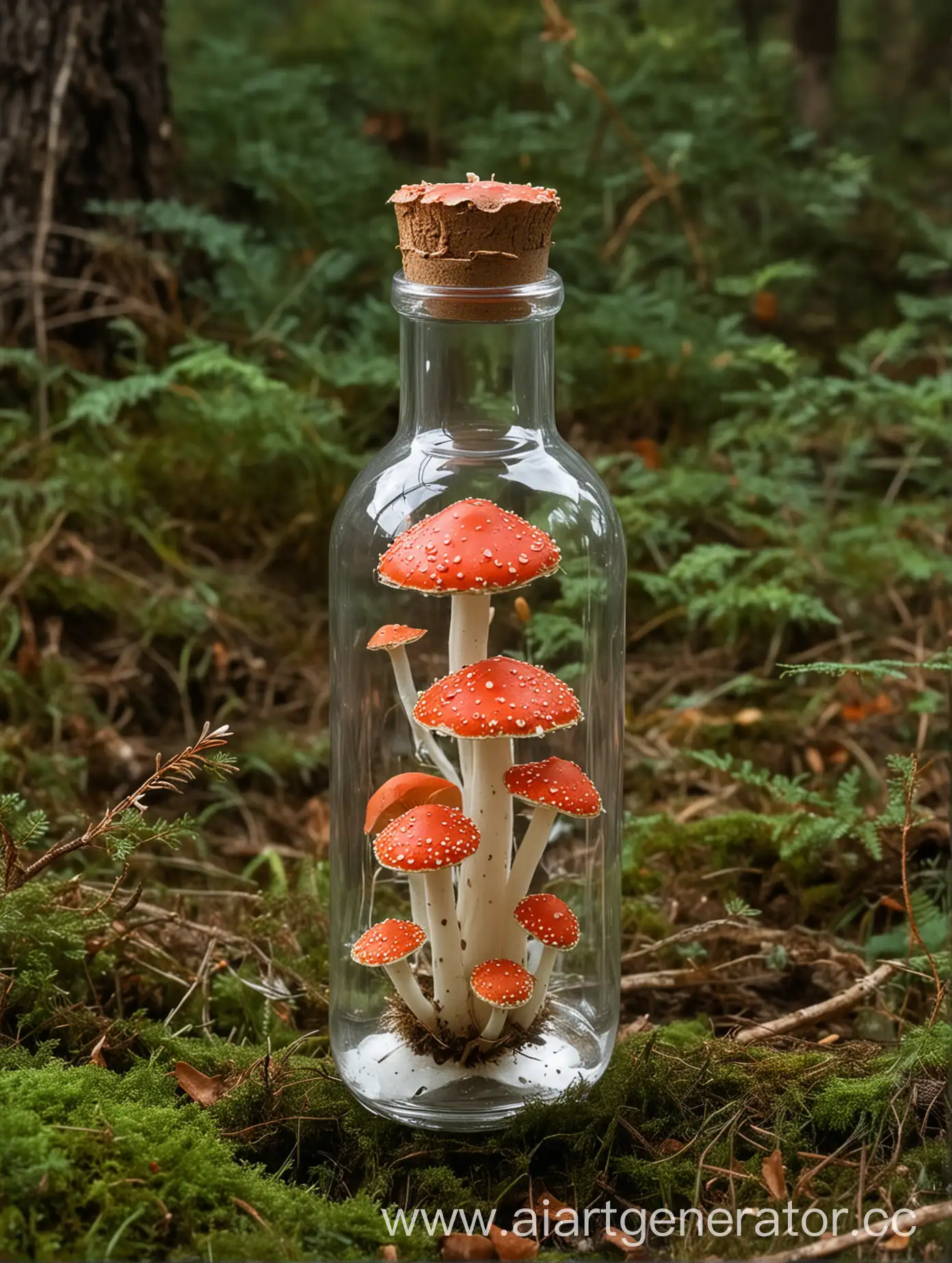 Прозрачная бутылка, внутри плавают грибы мухоморы . Без этикетки.