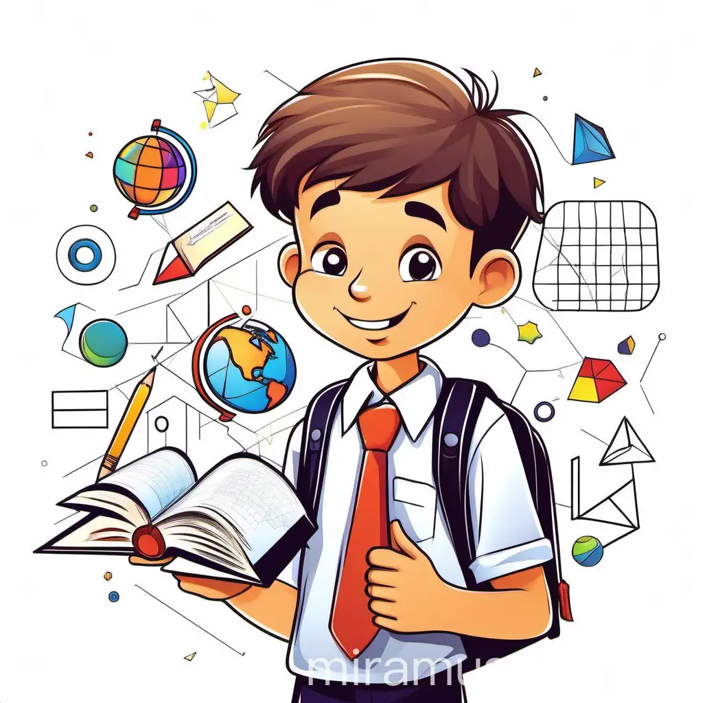 Beautiful vector illustration on a white background with colorful formulas, geometric shapes and school supplies: a happy thoughtful schoolboy 10 years old in a school uniform, white shirt and black trousers with a backpack, holding a book and a globe in his hands
