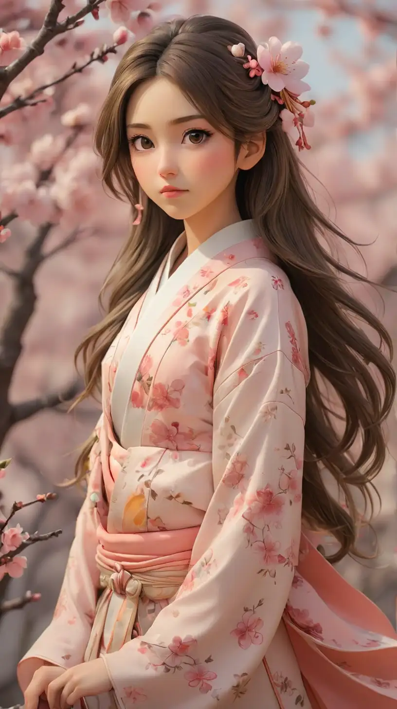 Japanese Girl with Long Hair in Blossom Garden