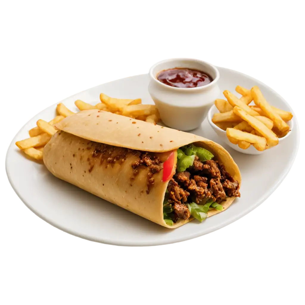 Exquisite-Top-View-PNG-Image-of-Arabian-Shawarma-Roll-and-Fries-on-a-White-Oval-Plate