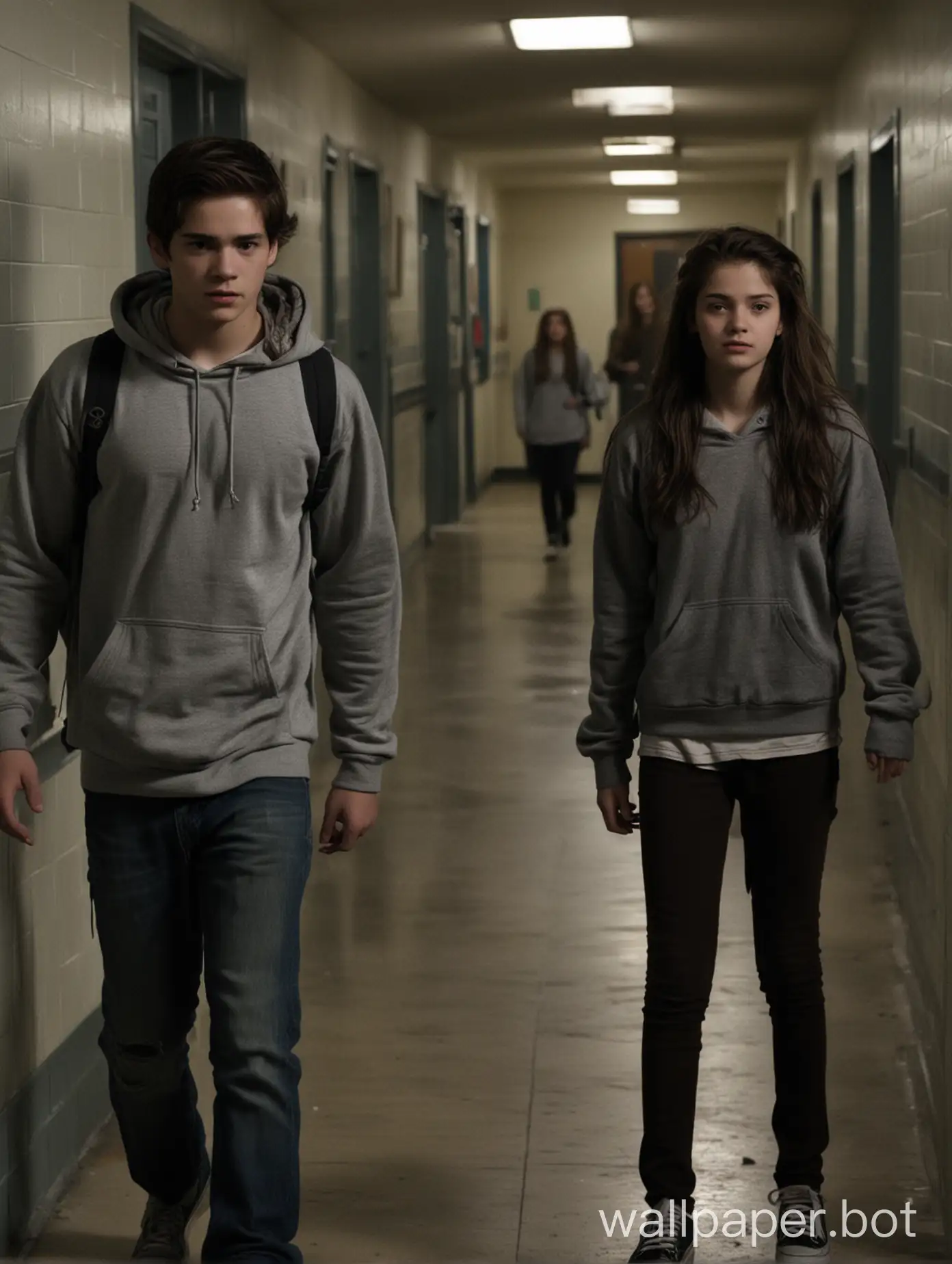 Teenagers-in-Dark-School-Corridors-Young-Boy-in-Gray-Hoodie-and-Girl-in-School-Uniform