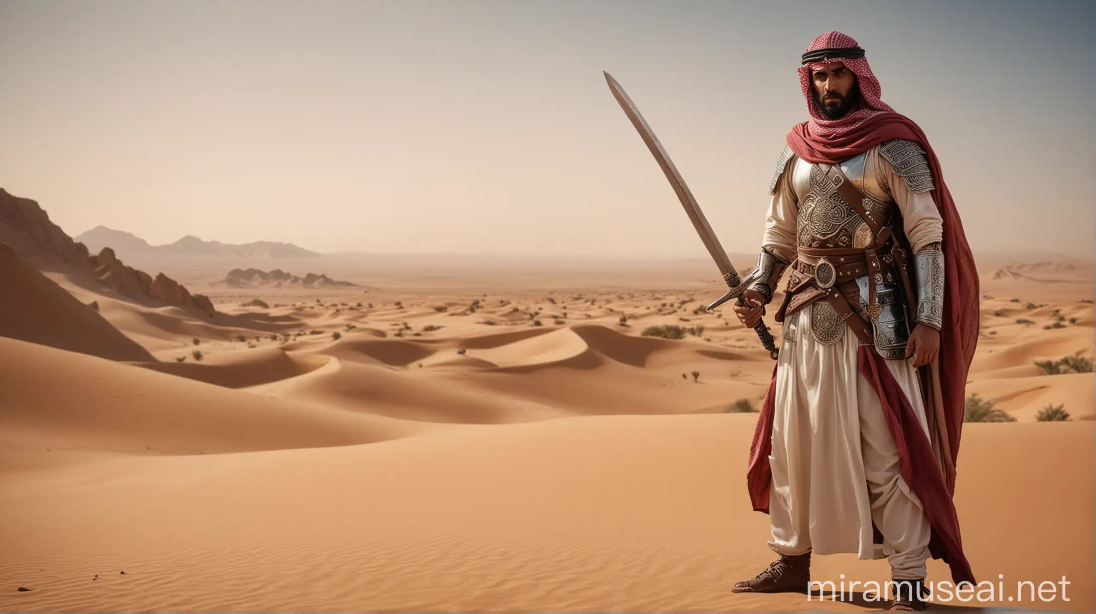 600ad arabian knight holding arabian sword in the desert 