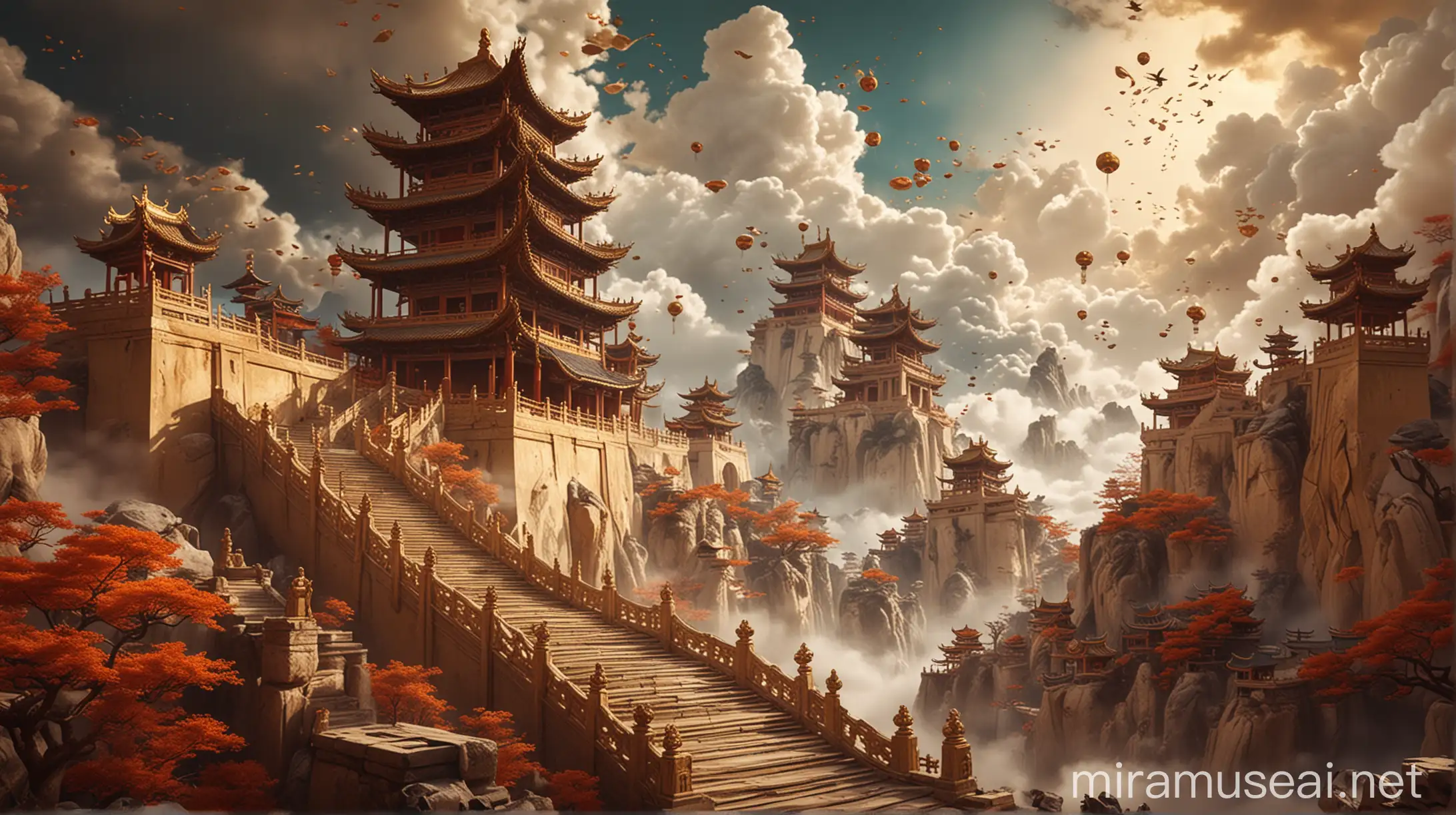... A Chinese-style landscape painting, consisting of ancient scrolls and long staircases, floating in the air and surrounded by auspicious clouds. The scene is rendered with C4D OC renderer, with high resolution, vivid colors, and a surreal fantasy effect. It features a golden color scheme with exquisite details, including figures such as figures in traditional architecture and traditional Chinese painting styles
