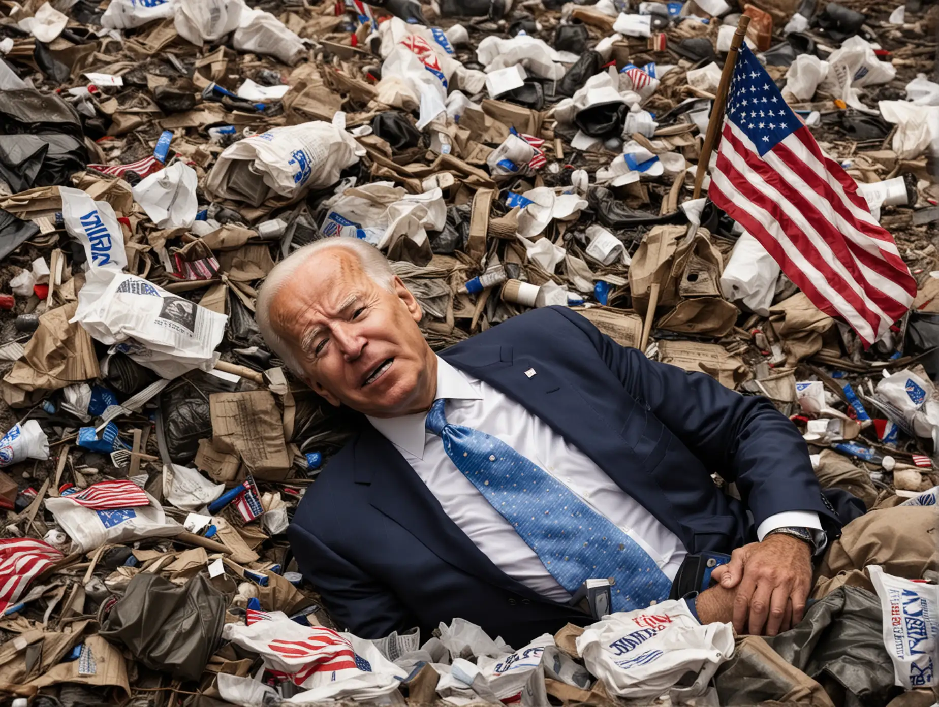 Joe-Biden-Crying-in-Pile-of-Garbage-with-American-Flag