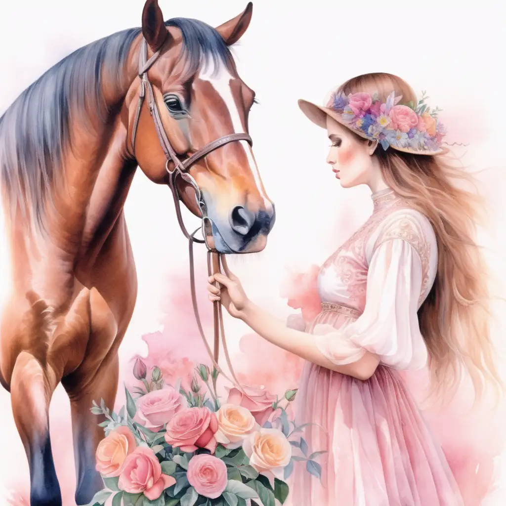 I vattenfärg. En vacker kvinna som står bredvid en häst , hästens man har blommor I nederkant, rosa nyanser 