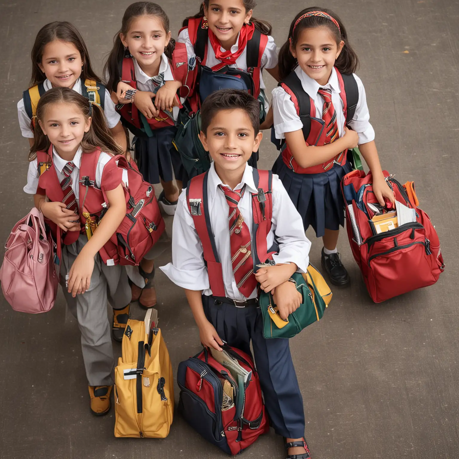 Generate an image where there should be a school children of age between 5 to 12 years with different types of customised accesories like bags, ties, school belts, files and all these people are happy and joyfull