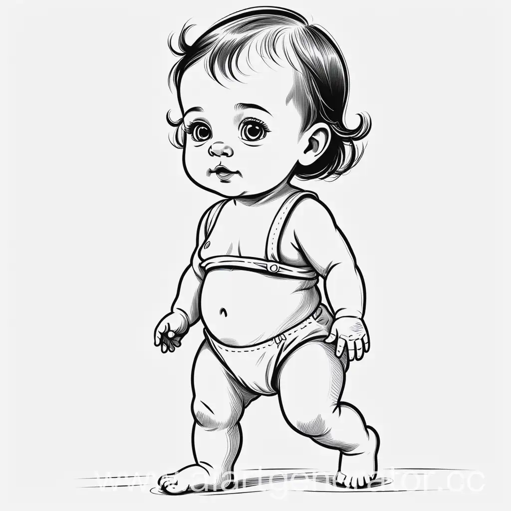 маленькая девочка младенец, в ползунках учится ходить простой рисунок для детской книги чб 