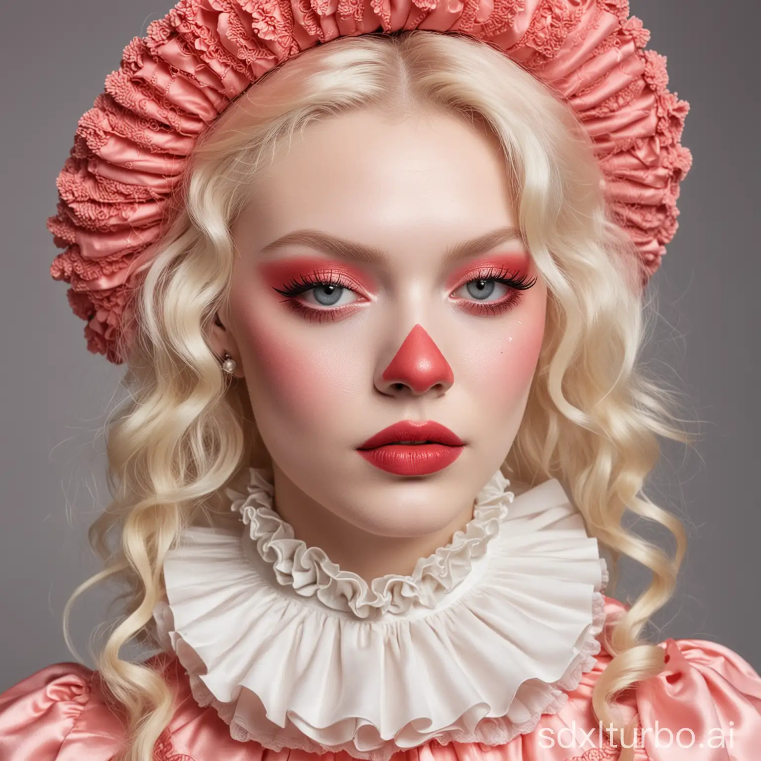 Luxe-Couture-Clown-with-Coral-Pink-Blush-and-Platinum-Blonde-Hair