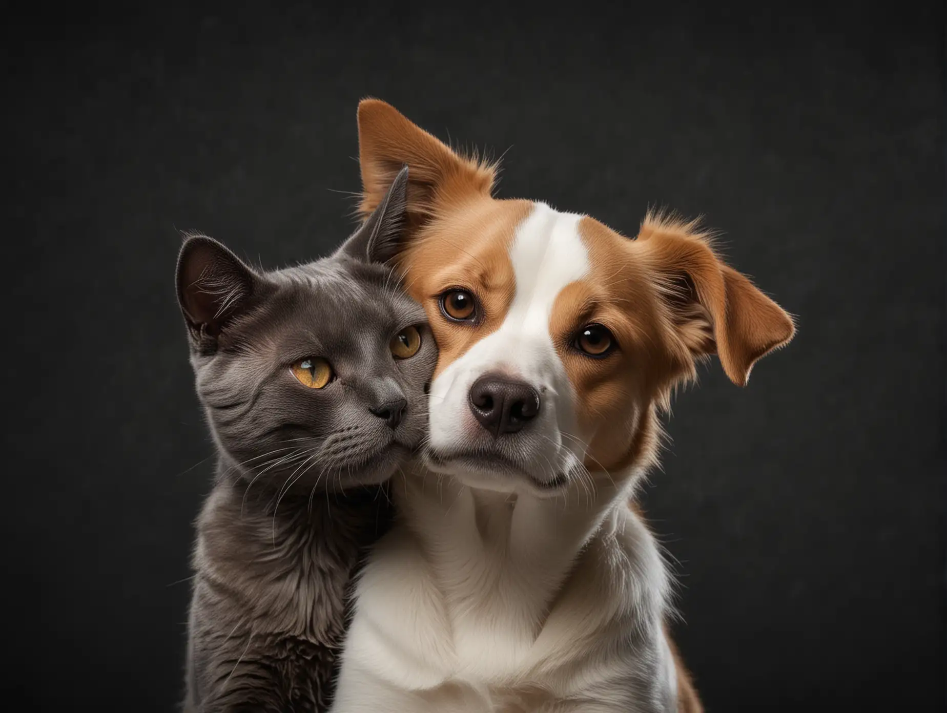 side by side heads of hugging dog and cat on dark background
 
