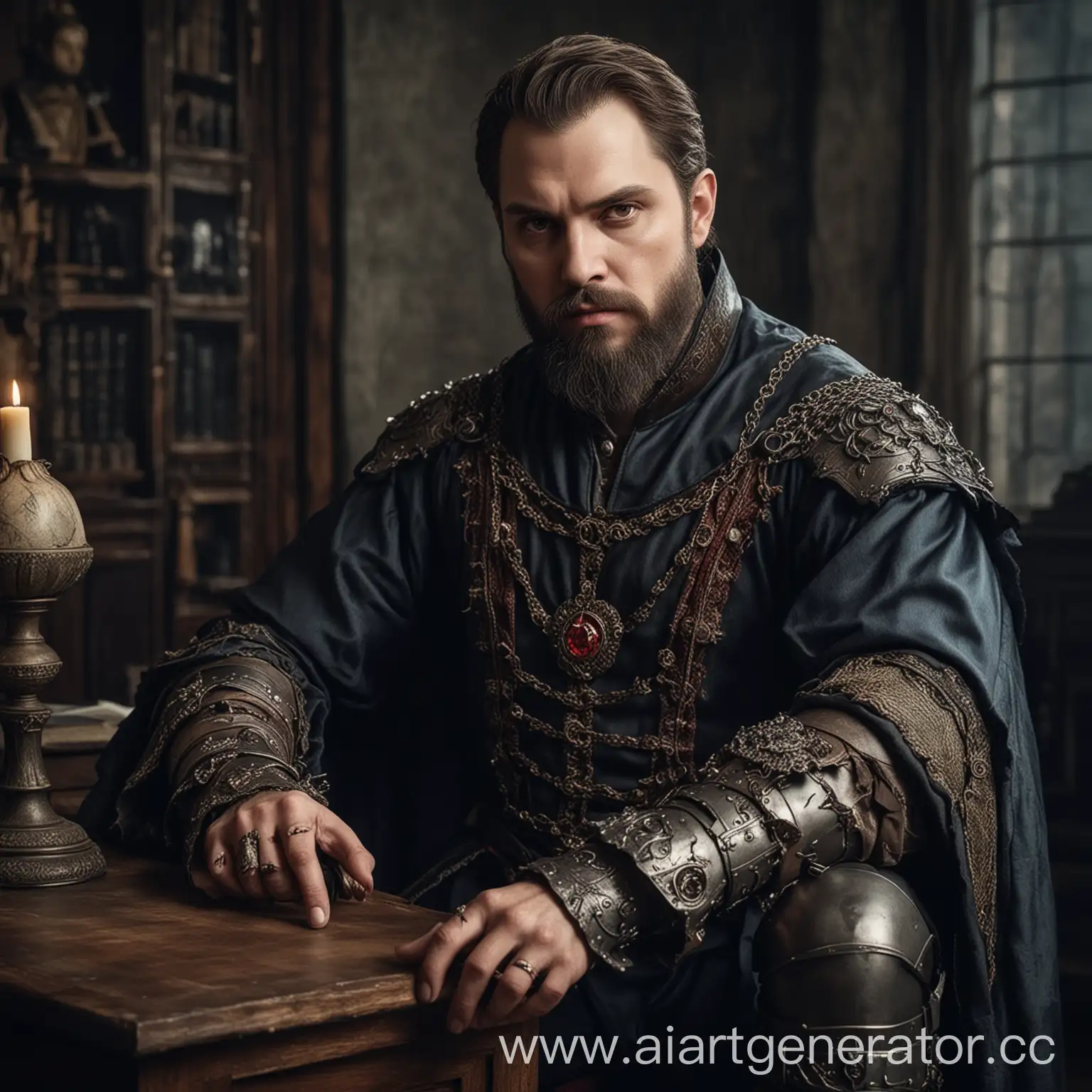 Portray the vampire prince from the world of darkness setting. He is dressed in 16th century clothes, he is 45 years old, chubby and bearded. Instead of one of his hands, he has a medieval iron prosthesis. He is sitting in a modern office