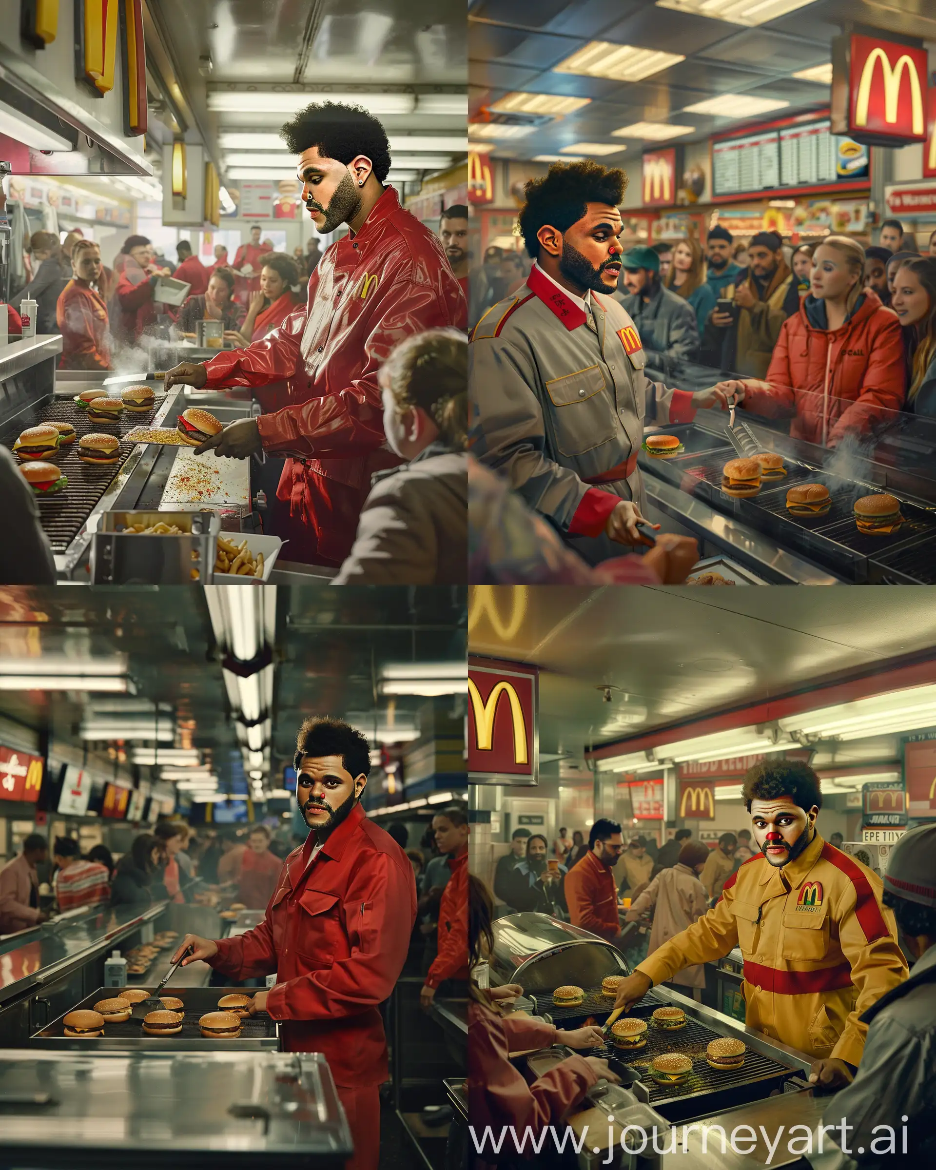 A hyperrealistic photograph of The Weeknd in a McDonald's uniform, expertly flipping burgers on the grill as customers eagerly wait in line, captured in a cinematic shot that perfectly captures the hustle and bustle of a busy fast food restaurant, --ar 4:5