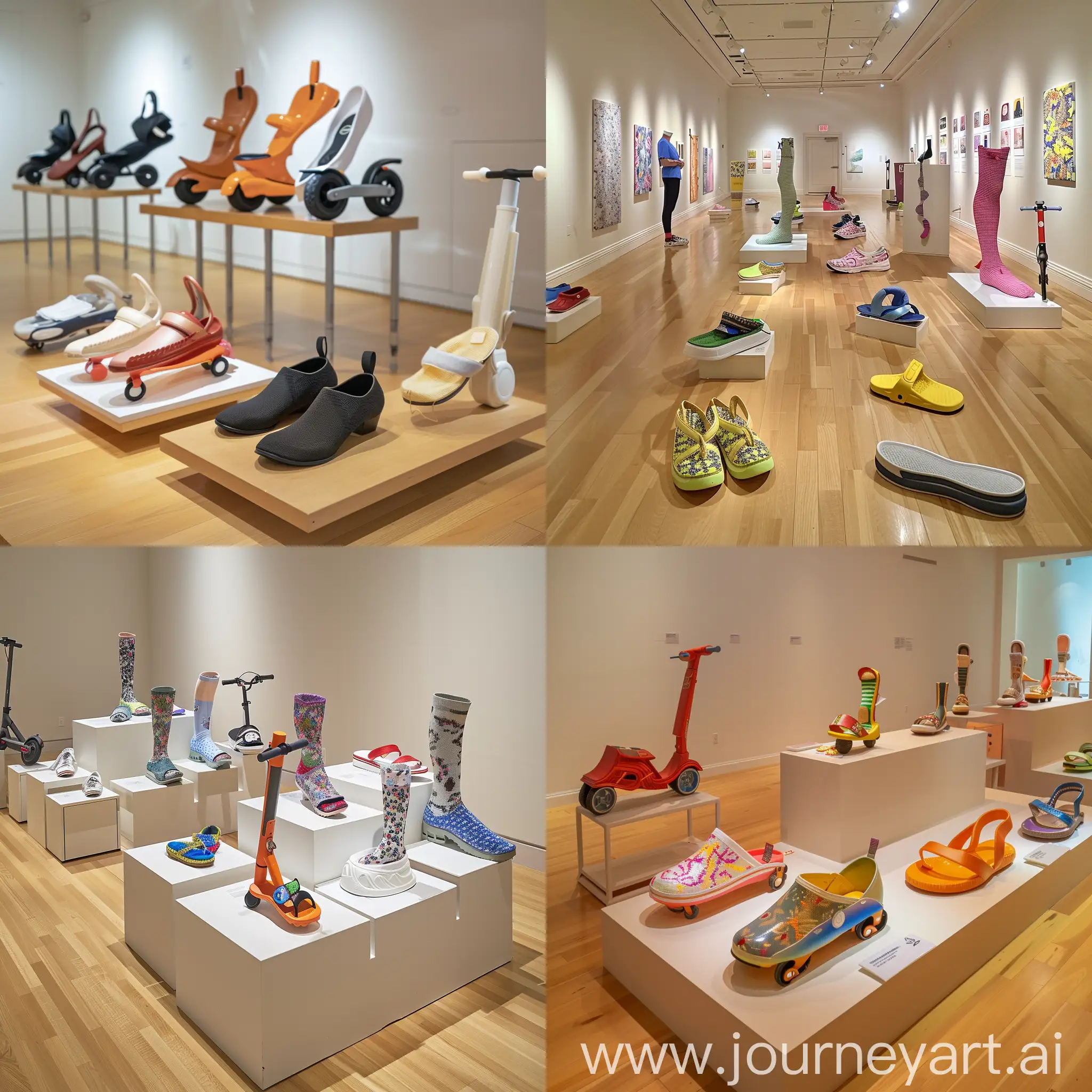 Create an image of a gallery that Set the stage for “putting yourself in someone’s shoes” by choosing to wear from a variety of shoes other than yours: scooters, sneakers, Birkenstock, hospital slippers, compression stockings etc. 