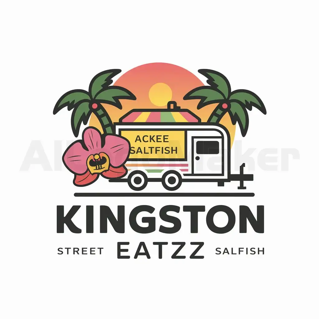 a logo design,with the text "Kingston EatZZ", main symbol:Jamaican food, pink, Orchid Flower, street, food trailer , Ackee selfish, jerk chicken, palm tree, island, sunrise,Moderate,be used in Food truck industry,clear background