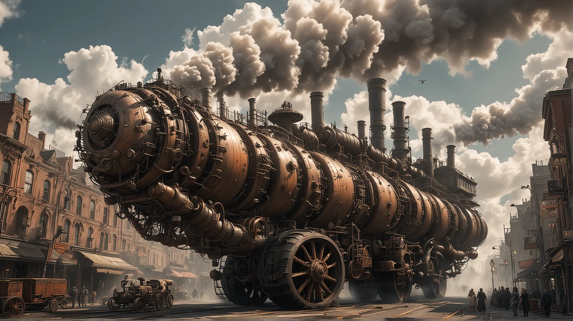 Steampunk mobile city similar to those from Mortal Engines film. Giant caterpillar wheels, large vertical exhaust pipes, big steam engines. Much steam and smoke. The city goes throug the wilderness. Sunny and cloudy.